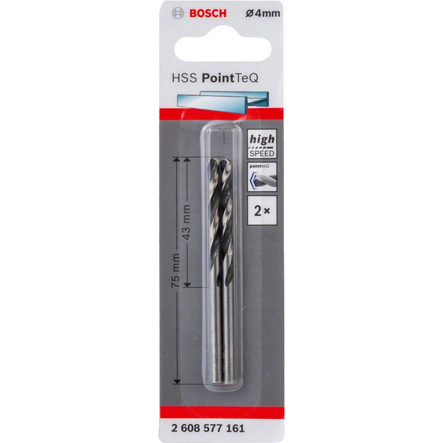 Bosch HSS-Spiralbohrer PointTeQ, 4 mm, 2er-Set in Verpackung.