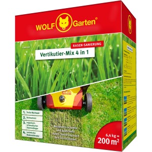 Wolf Garten Vertikutier-Mix 4 in 1, 6,4kg Packung für Rasensanierung und dichten Rasenwuchs.