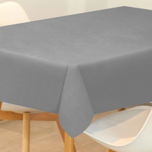 Graue Sensalux Vlies-Tischdecke 1 x 1 m auf einem Tisch mit Stühlen.