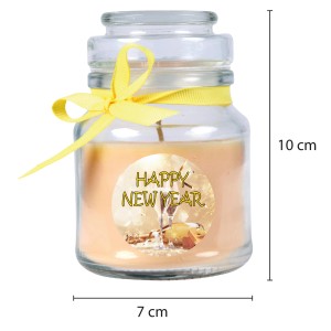 HS Candle Duftkerze Neujahr im Glas mit gelbem Band, Creme Bonbon Duft, 30h Brenndauer.