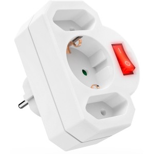 Weißer Hama 3-fach Steckdosenadapter mit Schalter und 1 Schuko- und 2 Euro-Steckdosen.