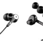 Schwarze In-Ear Kopfhörer mit Super Bass und Ohrstöpseln in verschiedenen Größen.