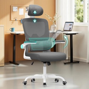 Dunkelgrauer ergonomischer Bürostuhl mit weißem Gestell. Verstellbare Kopfstütze, Lendenstütze, klappbare Armlehnen, Wippfunktion.