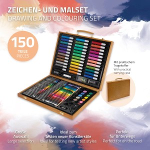 ECD Germany 150-teiliges Malset im Holzkoffer mit Buntstiften, Filzstiften und Zubehör.