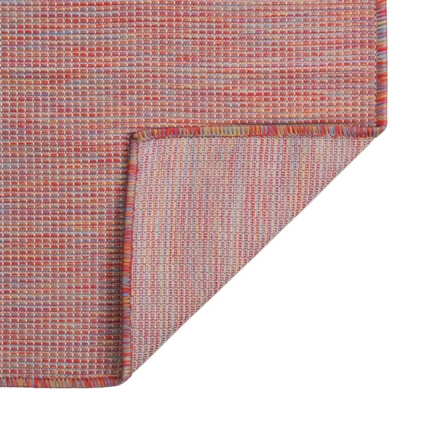 Roter vidaXL Outdoor-Teppich aus Flachgewebe. Detailansicht der robusten, witterungsbeständigen Polypropylen-Struktur. Für Terrasse & Balkon.