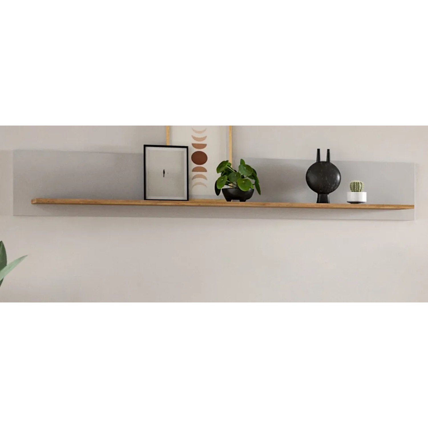 Modernes Inn.Furn Wandboard Darell, 150 cm, grau mit Riviera Eiche Regalboden, dekoriert. Ideal für Bücher & Deko.