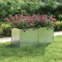Silbernes Furnicato Garten-Hochbeet (160x80x77 cm) aus verzinktem Stahl mit bunten Blumen bepflanzt.