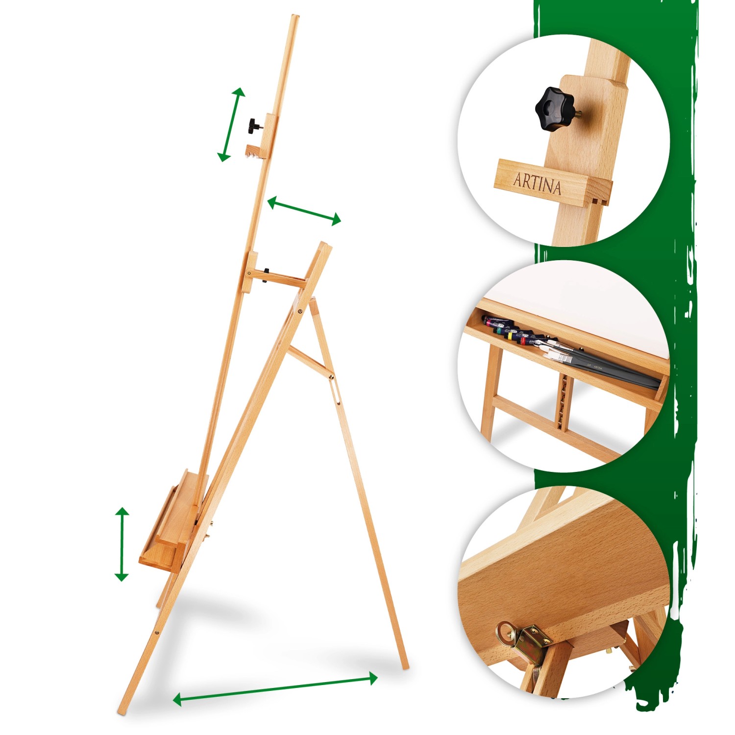 Artina Barcelona Staffelei aus Buchenholz, Dreifuß mit Ablage, höhenverstellbar.