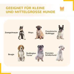 PawHut Welpengehege: Kleine und mittelgroße Hunderassen wie Mops, Beagle, Zwergschnauzer. Zeigt Eignung für Freilaufgehege.