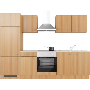 Flex-Well Küchenzeile Classic Nano 270 cm in Buche mit E-Geräten und Spüle.