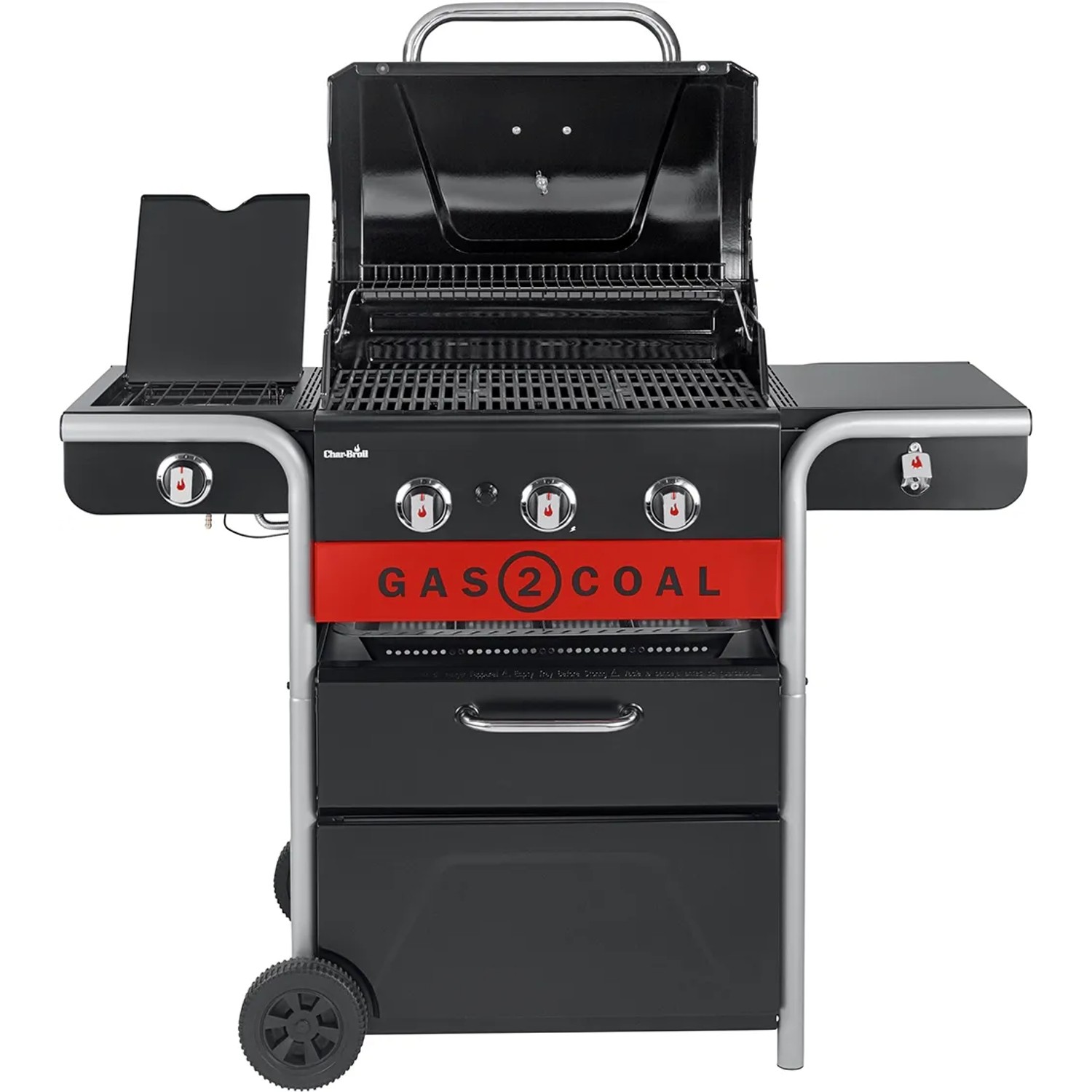 Char-Broil Gas2Coal 2.0 330 Kombigrill mit 3 Brennern und Seitenbrenner. Holzkohle- und Gasgrill in einem.