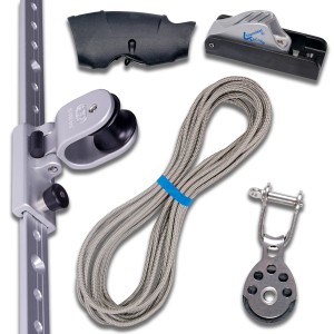 Toldoro Höheneinstellung Set für Sonnensegel: Schiene, Seil, Klemmen, Umlenkrolle für Masten und Pfosten.