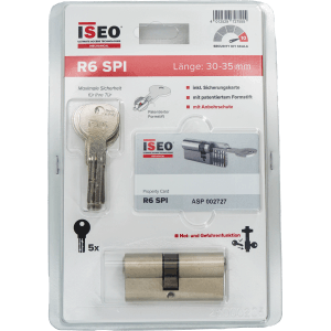 Iseo Profilzylinder R6 SPI 30/35, matt vernickelt, mit 5 Schlüsseln und Sicherungskarte in Verpackung.