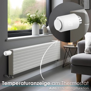 Echos Heizkörperthermostat mit Temperaturanzeige am Heizkörper im Wohnraum.