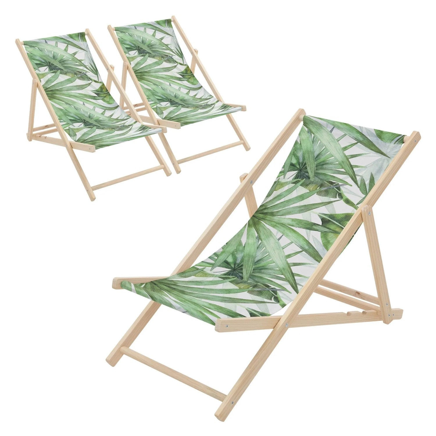 ECD Germany Liegestuhl 3Er Set Klappbar Palme Grün-Weiß aus Holz