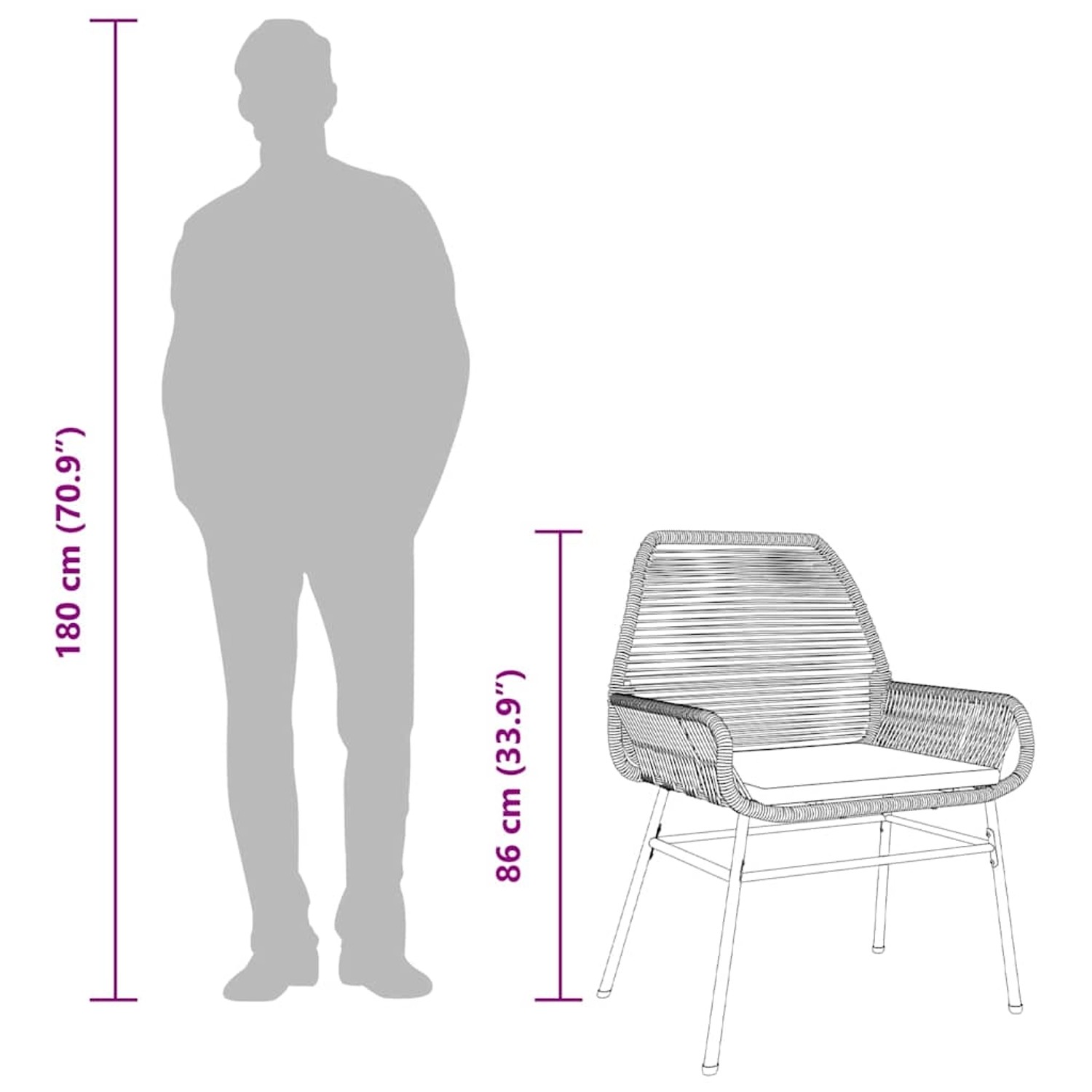 vidaXL Garten-Essgruppe, 5-teilig, grau, Poly Rattan, Glas. Abmessungen und Größenvergleich.
