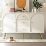 Creme-weiße Merax Kommode mit 3 Schubladen, geschwungenen Türen, goldenen Griffen und Metallfüßen. Moderner Wohnzimmerschrank.