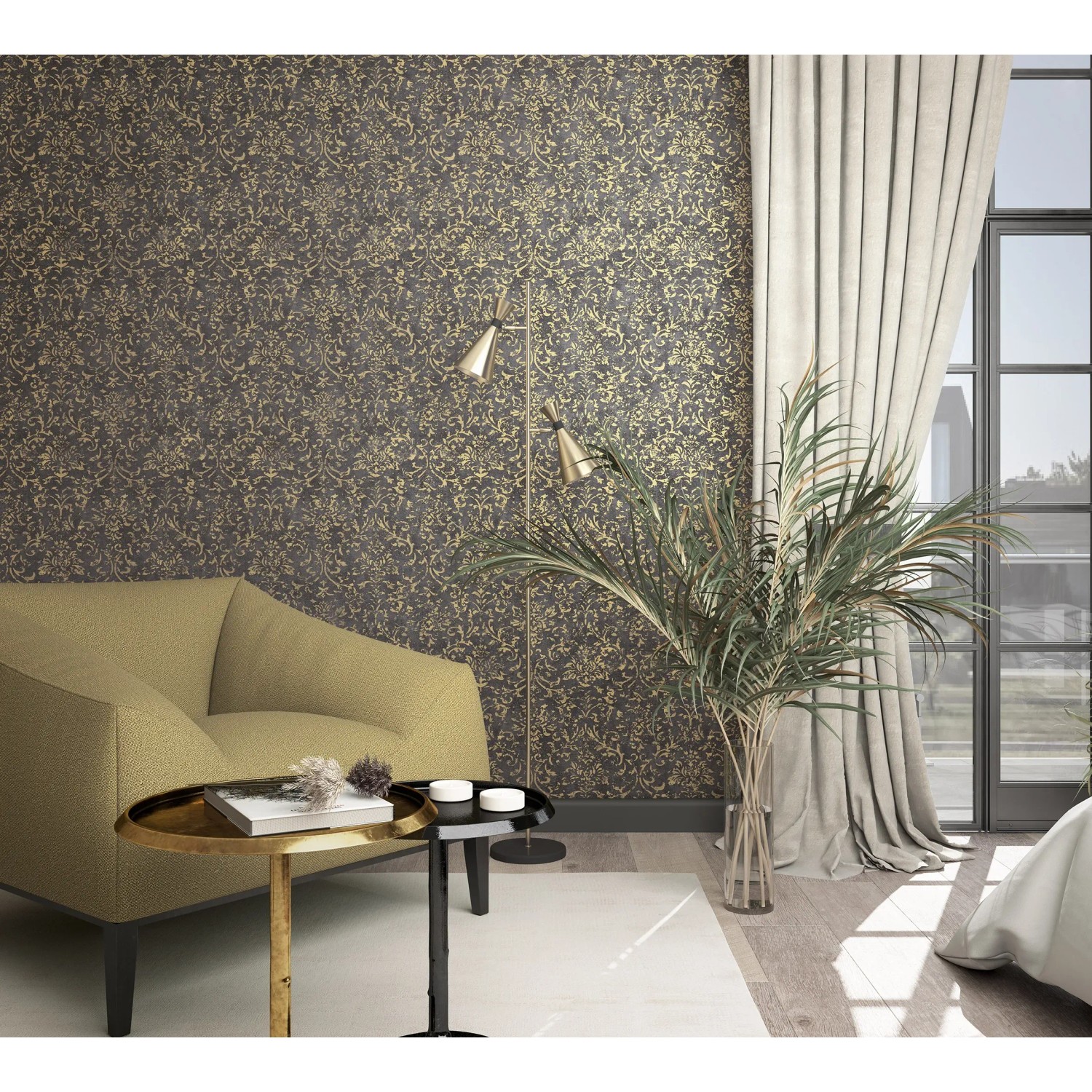 Wohnraum mit Marburg Vliestapete Betonoptik Schwarz-Gold FSC® an der Wand.