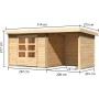 Karibu Holz-Gartenhaus Ängelholm, unbehandelt, mit Pultdach und Maßangaben.