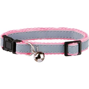 Reflektierendes Jollypaw Katzenhalsband aus Kunststoff, grau und pink, mit Glöckchen.