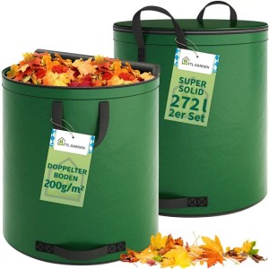 Grünes TTL GARDEN Gartensack 2er Set, 272L, selbststehend, mit Deckel. Einer gefüllt mit Herbstlaub für Gartenabfall.