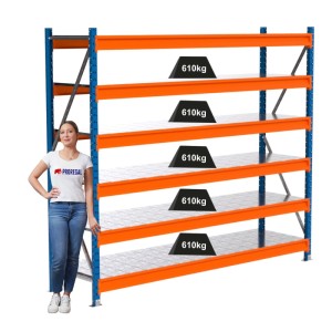 PROREGAL Weitspannregal MAXIMUS PRO Grundregal mit 6 Stahlplatten-Fachböden, blau/orange, Fachlast 610kg.