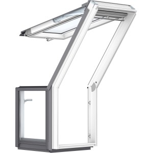 Geöffneter Velux Dachbalkon GEL M08, 78x136 cm, weiß lackiert. Fenster-Zubehör für mehr Raum.