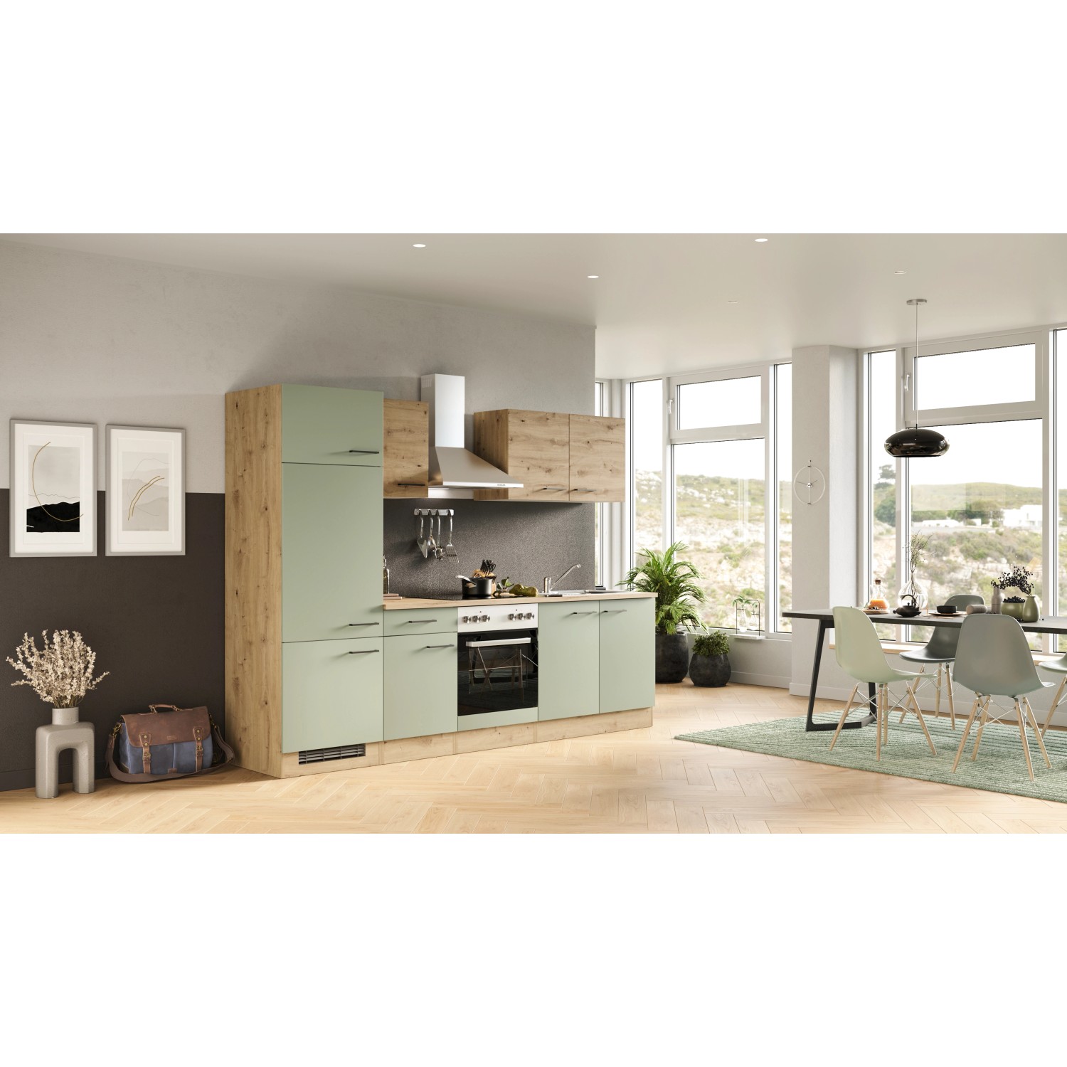 Flex-Well Küchenzeile Cara in Schilfgrün/Artisan Eiche mit E-Geräten und Spüle.