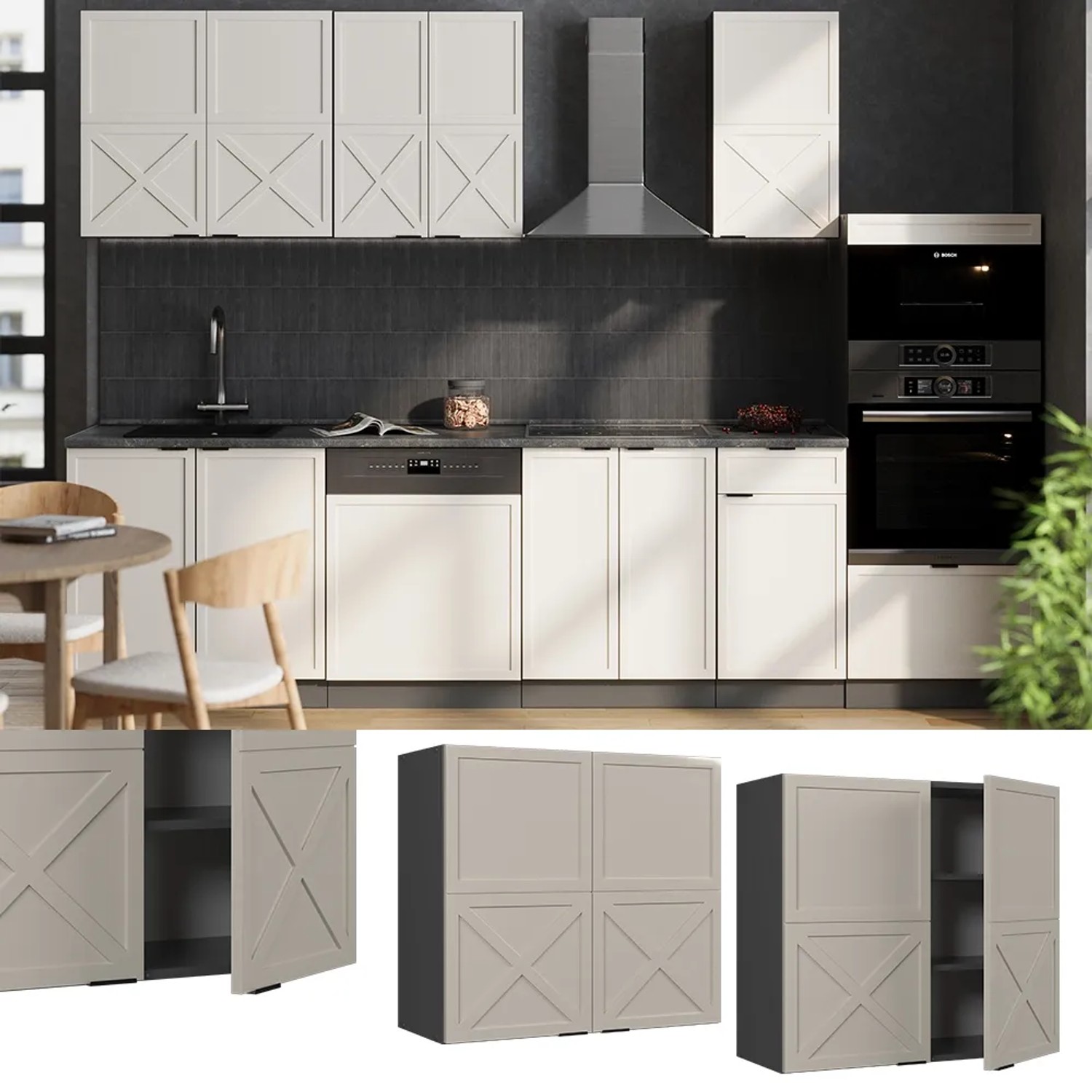 Vicco Hängeschrank Fame-Line, grau-beige mit anthrazitfarbenem Korpus, 80 cm breit.