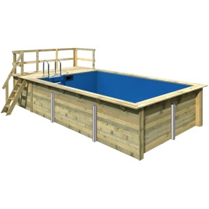 Karibu Holzpool Gr. 3 mit Terrasse, KDI, Innenhülle blau. Rechteckiger Pool mit Leiter und blauer Innenfolie.