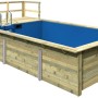 Karibu Holzpool Gr. 3 mit Terrasse, KDI, Innenhülle blau. Rechteckiger Pool mit Leiter und blauer Innenfolie.