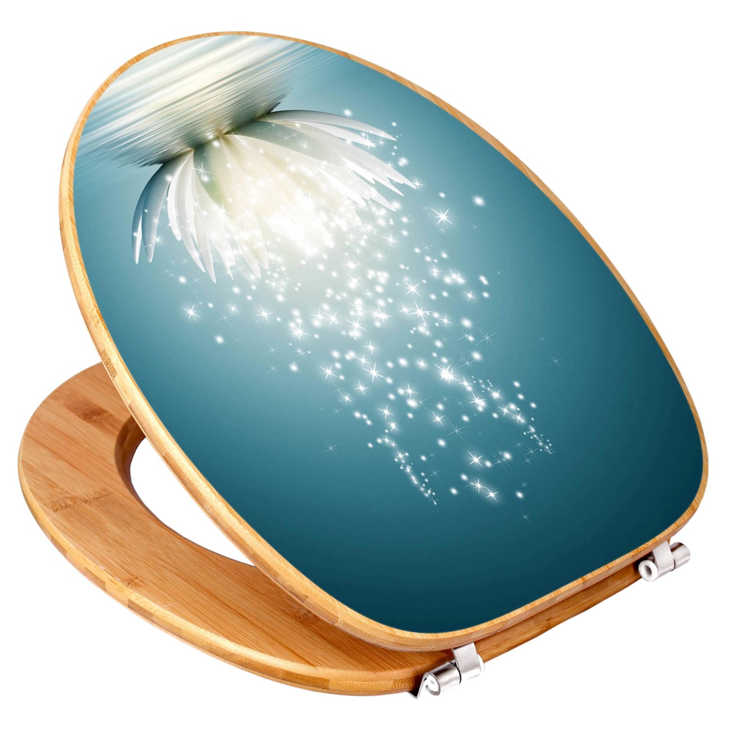 Banjado WC-Sitz aus Bambus mit Lotusblüten-Motiv. Toilettendeckel aus Holz mit Universal Scharnieren.