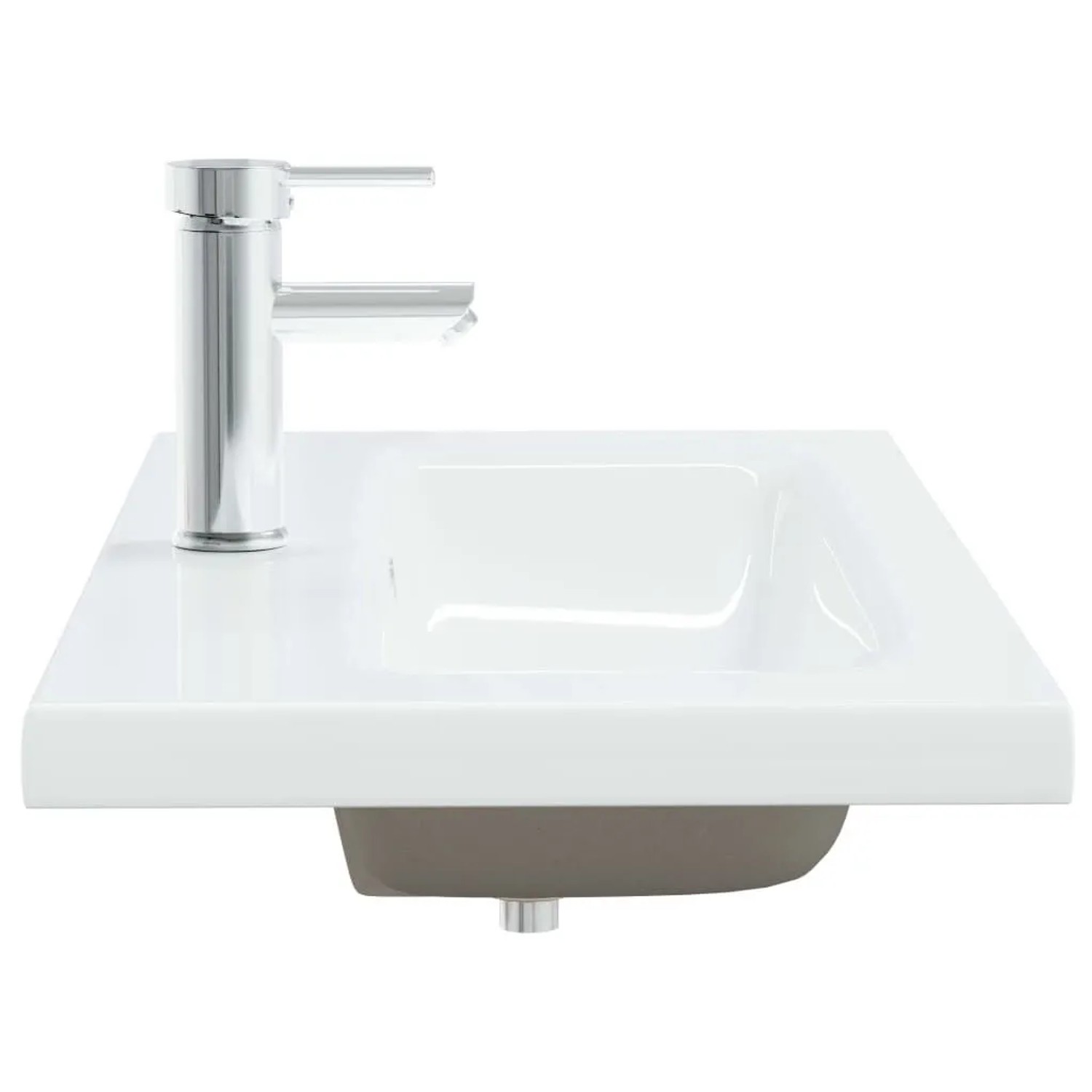 Weißes Keramik-Einbauwaschbecken mit integriertem Chrom-Wasserhahn und Überlauf für Ihr Badezimmer.