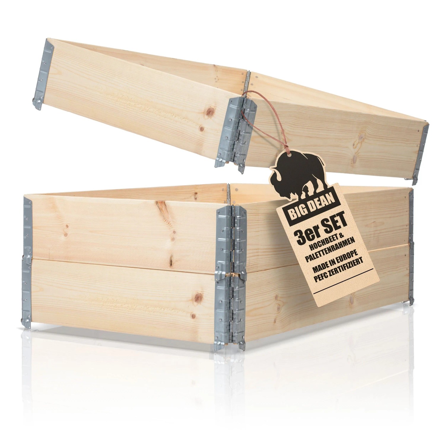 BigDean Hochbeet 3er Set, Holz, 120x80cm, mit Scharnieren und Etikett.
