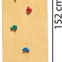 Karibu Kletterwand Aktion 2, naturbelassen, mit bunten Klettersteinen und Maßangaben.