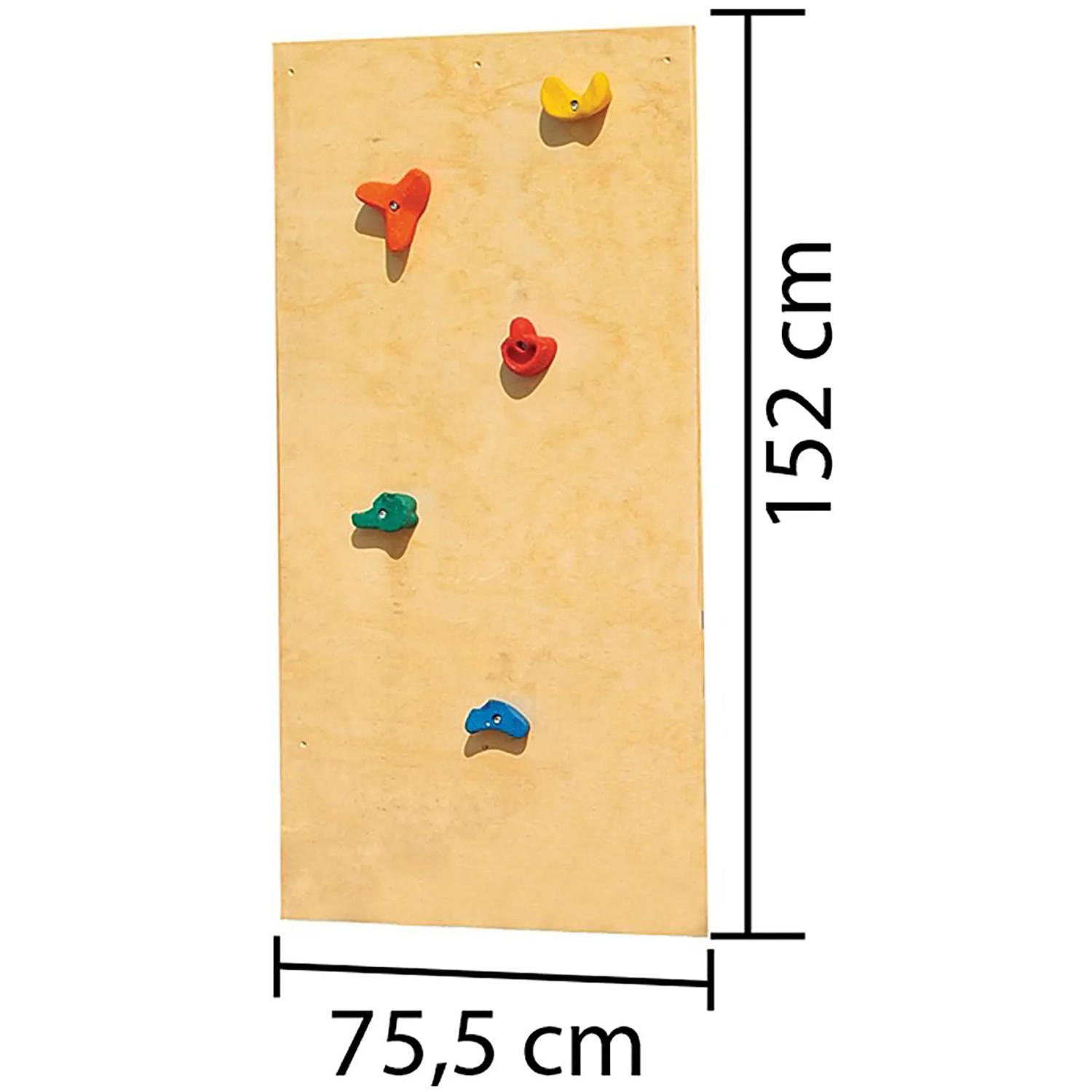 Karibu Kletterwand Aktion 2, naturbelassen, mit bunten Klettersteinen und Maßangaben.