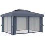 Anthrazitfarbener vidaXL Pavillon 4x3m mit Vorhängen und LED-Lichterkette für Garten & Terrasse.