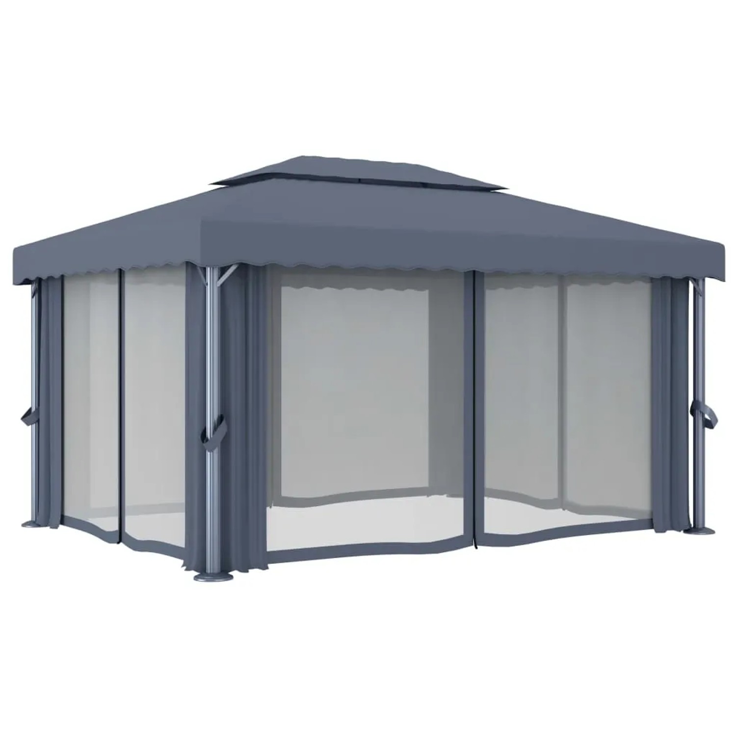 Anthrazitfarbener vidaXL Pavillon 4x3m mit Vorhängen und LED-Lichterkette für Garten & Terrasse.
