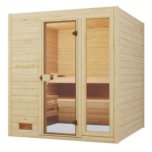 Weka Massivholzsauna Valida 3 Sparset mit Glastür und Fenster, naturbelassenes Fichtenholz.