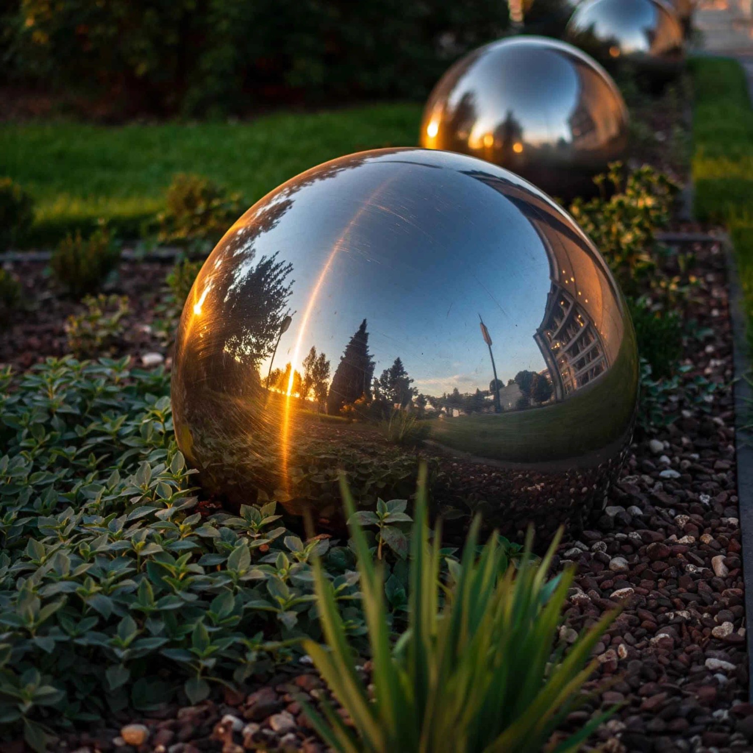 Intergarden Dekokugel, Ø 30 cm, Edelstahl, winterfest. Gartenkugel mit Spiegelung von Bäumen und Sonnenuntergang.