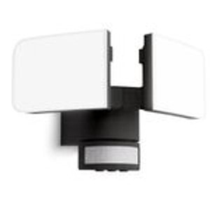 Graue LED Außenwandleuchte mit Bewegungsmelder, zwei schwenkbaren Spots und Dämmerungsfunktion.