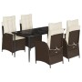 Braune 5-tlg. vidaXL Garten-Essgruppe aus Polyrattan mit schwarzen Tisch und cremefarbenen Kissen.
