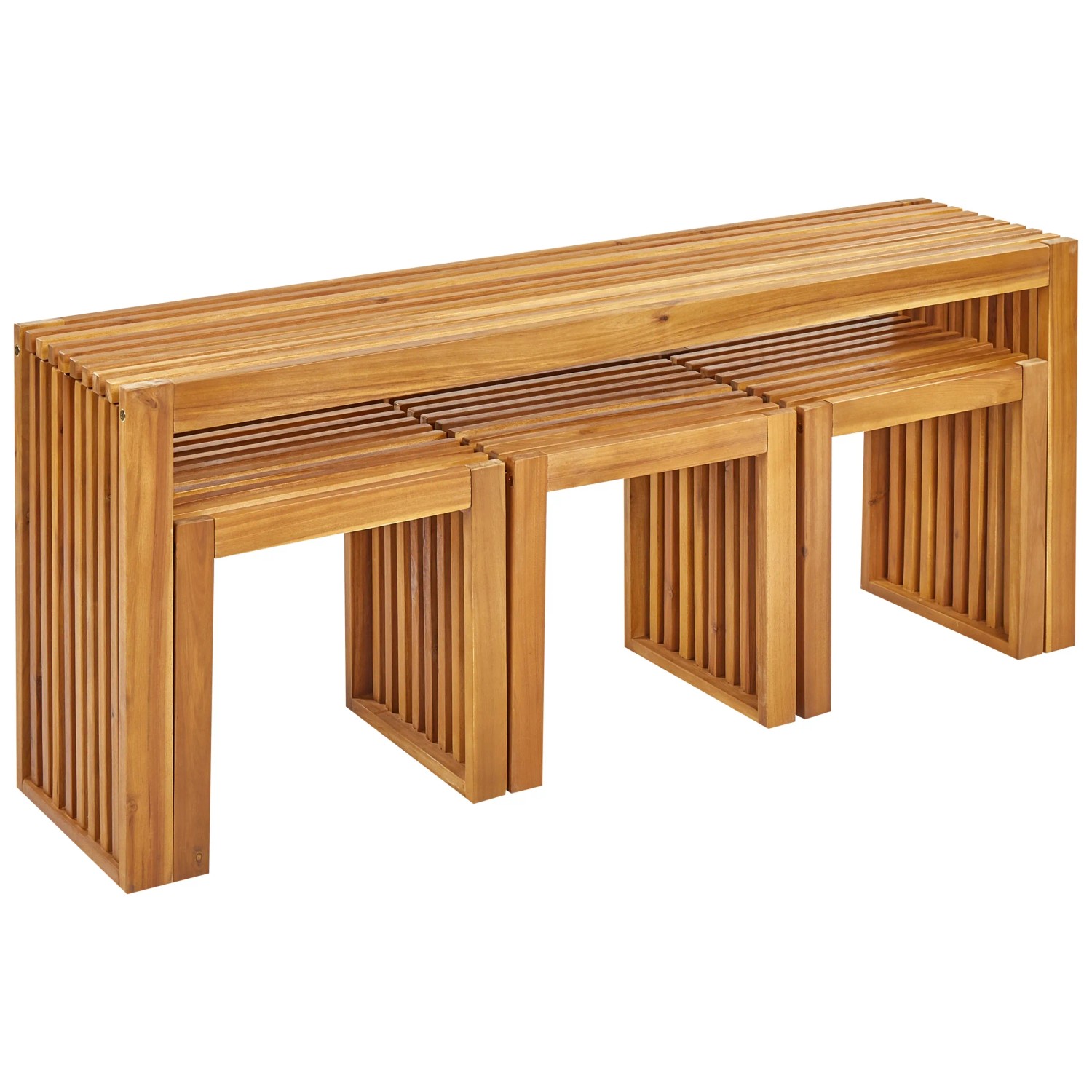 Gartenmöbel-Set BELLANO: Gartentisch und 3 Hocker aus hellem Akazienholz, platzsparend. Modernes Latten-Design.