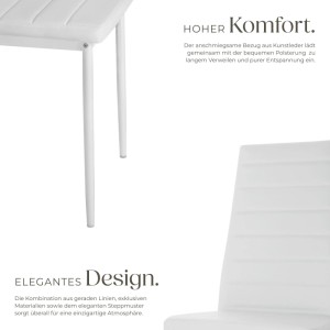 Weißer gepolsterter Esszimmerstuhl mit Kunstlederbezug, hoher Rückenlehne und elegantem Steppmuster.