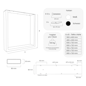 Technische Zeichnung der HEVVA Tischkufe BASEL: Maße, Farben (weiß, schwarz), Traglast 100 kg, Stahlprofil und Montagedetails.