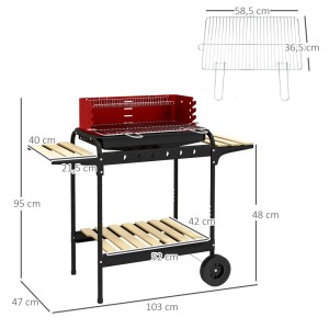 Outsunny Holzkohlegrill, höhenverstellbarer Grillrost, Metall, Kiefernholz, rot.