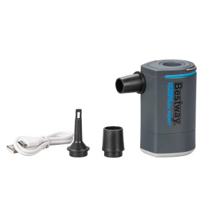 Bestway PowerTouch Pocket Akku-Luftpumpe mit Zubehör: Adapter, USB-Kabel und Pumpe.