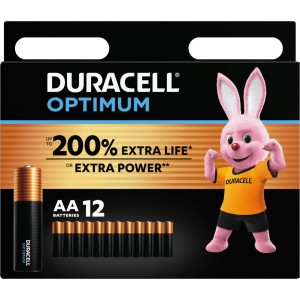 Verpackung Duracell Optimum AA Mignon Batterien, 12 Stück. Leistungsstarke Alkaline-Batterien für viele Geräte.