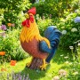 Bunte Gartenfigur Hahn aus Polyresin auf Baumstumpf im grünen Garten. Roter Kamm, gelbe Federn, blauer Schwanz.
