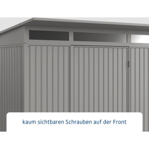 Detailansicht: Graues Ecostar Gerätehaus Trend mit Pultdach und Einzeltür.